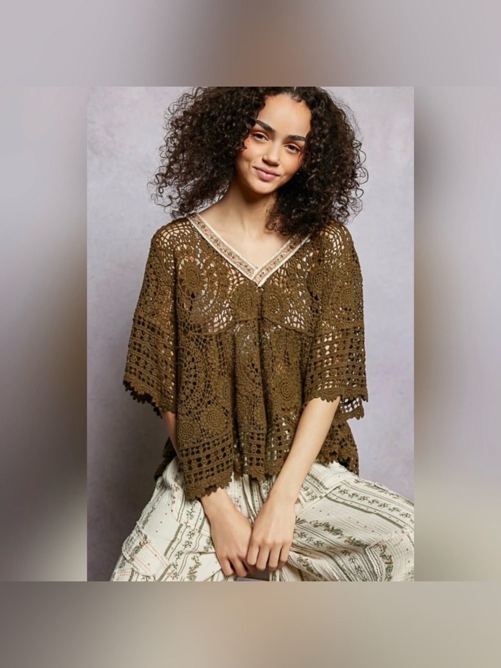 New POL Boho Crochet V-Neck Top ~ Olive
